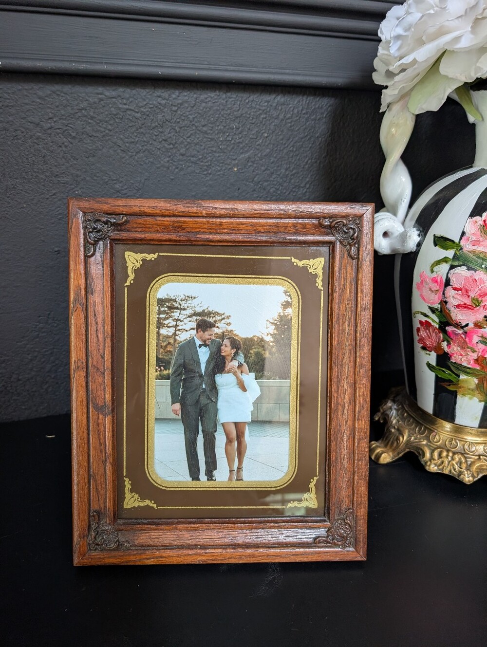 Vintage Ornate Wood Picture Art Frame w/ Brown & Gold Glass Mat insert, 11"